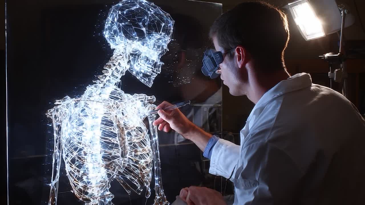 Un medico esamina un modello scheletrico luminoso con realtà aumentata