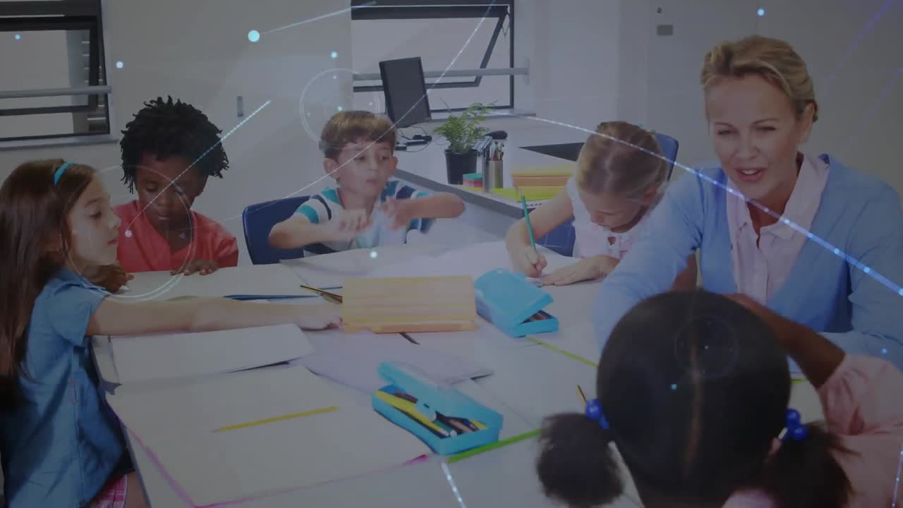 animación de una red de conexiones entre maestros y escolares felices y diversos