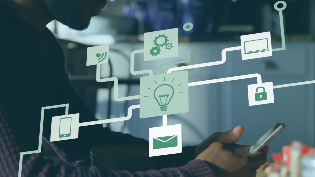 Animation of network of connections with icons over businessman using smartphone