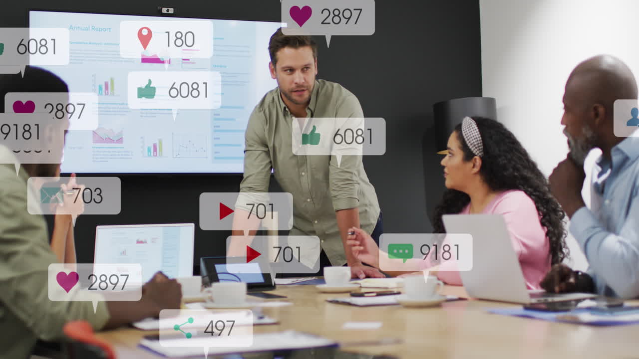 Animation of multiple notification bars over diverse coworkers discussing reports in office