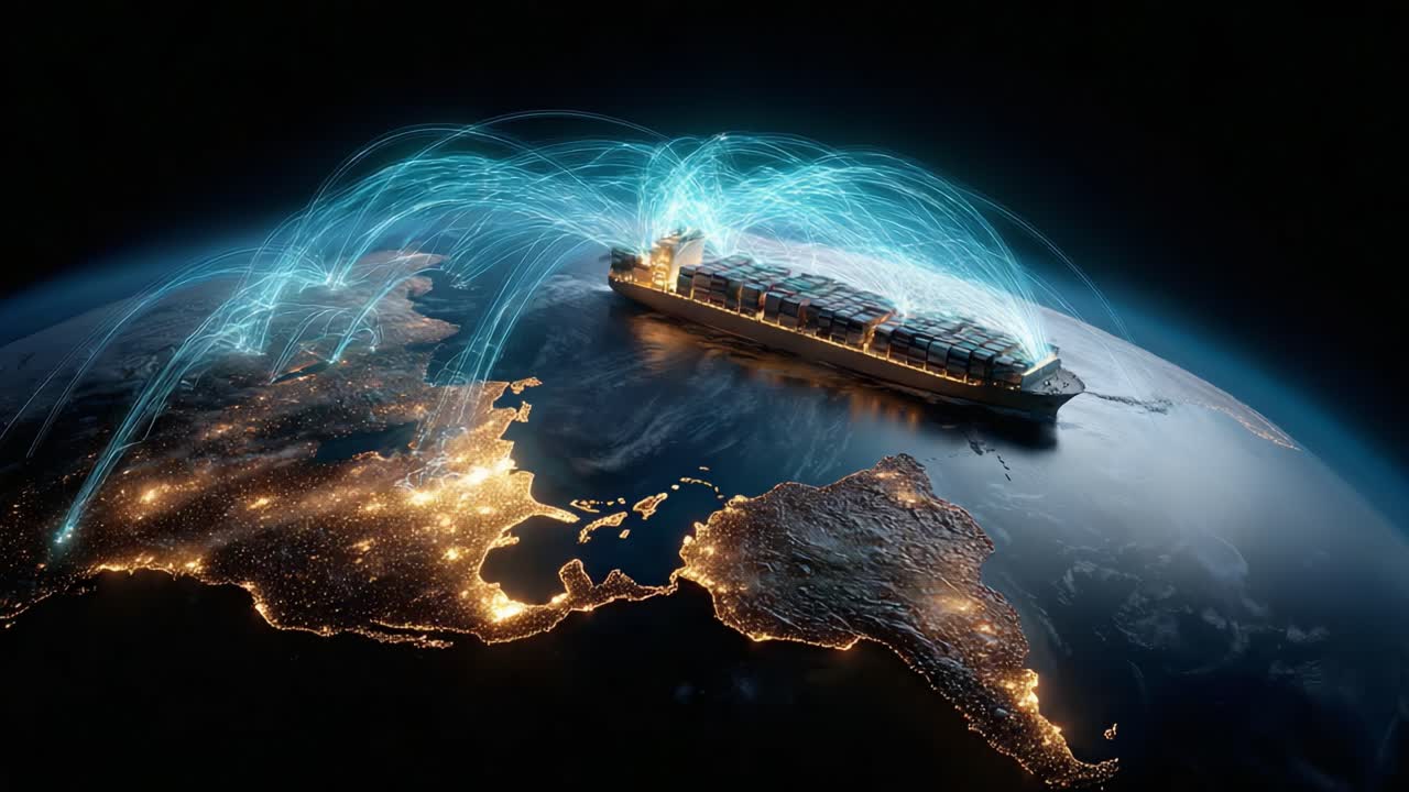 Global Shipping Network: Illuminating Trade Routes and Maritime Logistics Across the Earth’s Surface with a Massive Container Ship