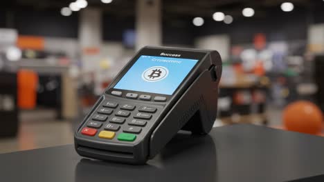 a modern bitcoin payment terminal showcasing cryptocurrency transactions in a retail environment with a clear lcd screen display