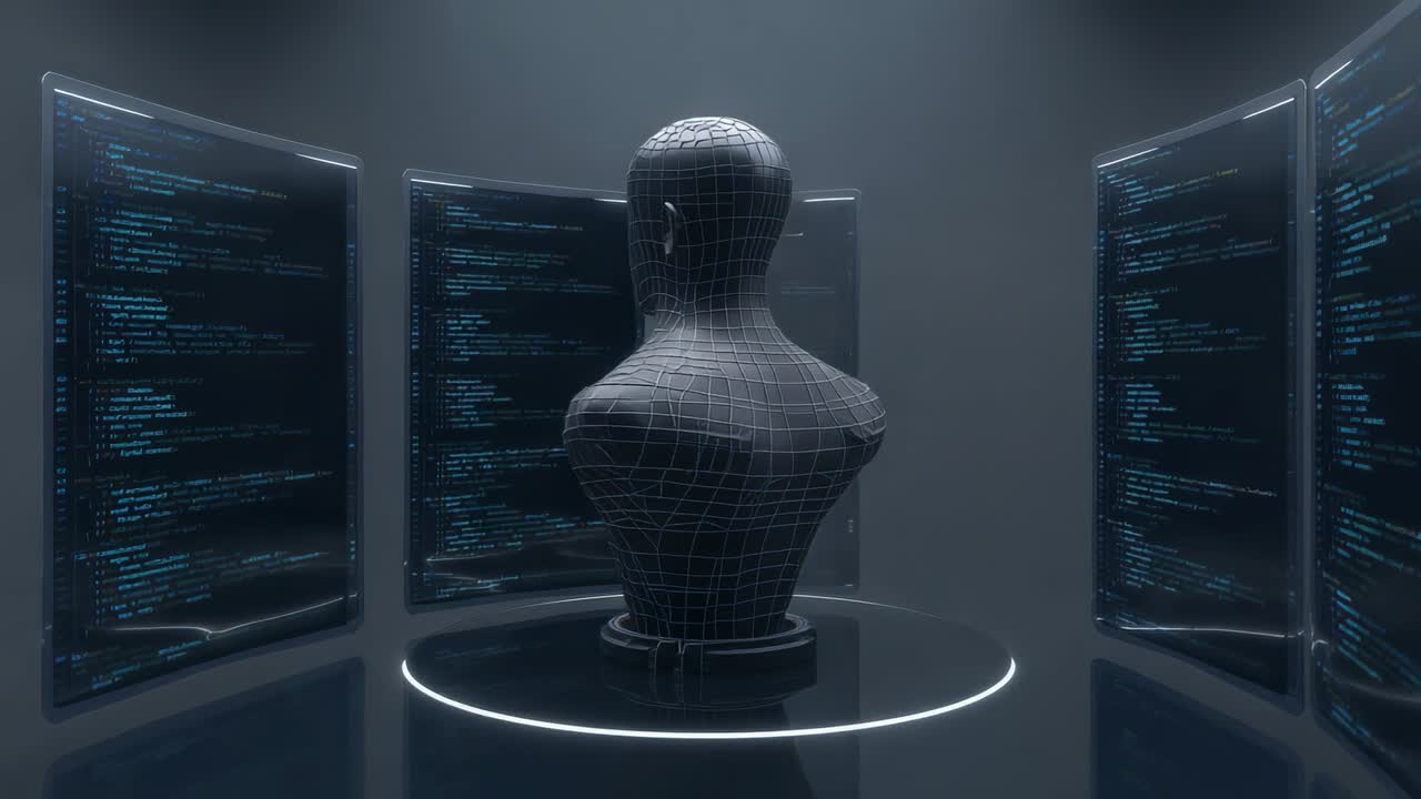 Rotating camera showing wireframe bust profile on pedestal near glowing ring in dark lab with code