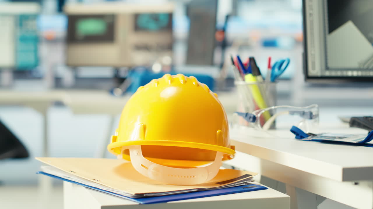 빈 태양광 발전 시설에서 노란색 하드의 근접