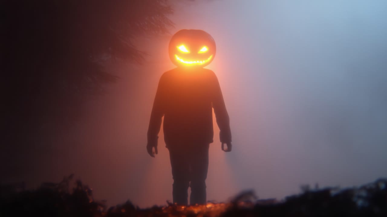 A Mysterious Figure Emerges from the Fog, Sporting a Grinning Pumpkin Head with Fiery Illumination, Capturing the Eerie Atmosphere of Halloween Nights