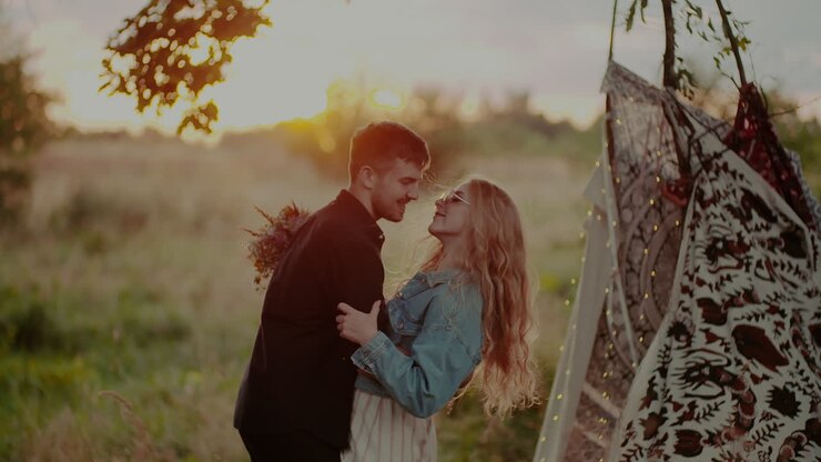 Young Attractive Couple Embracing And Smiling While On Camp