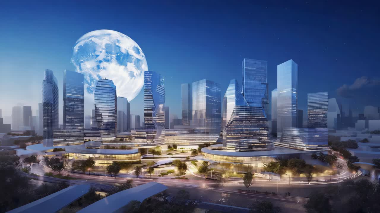 Futuristic Cityscape with Skyscrapers under a Giant Moon
