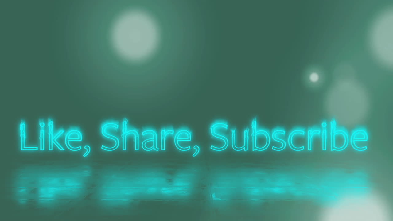 Animation of neon like share subscribe text over glowing spots