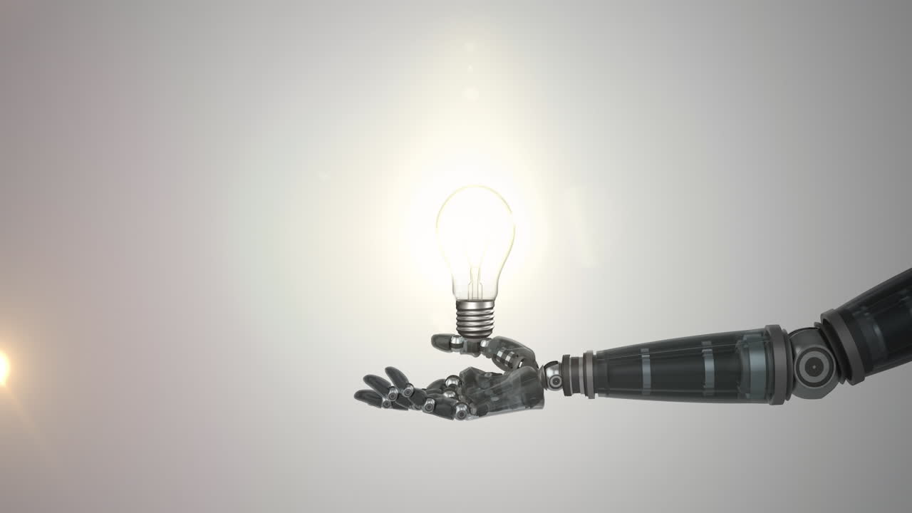 animación de una bombilla iluminada sobre la mano del brazo del robot extendido, sobre un fondo gris