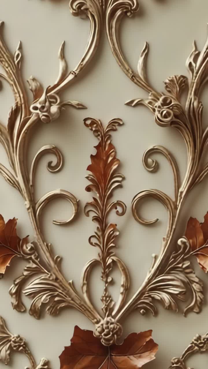 Vertical video: Starting camera panning down ornate metal relief panel in room, revealing details