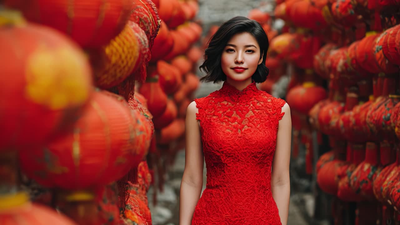 Uno straordinario ritratto di una donna in un vivace abito rosso circondata da lanterne festive, che incarna eleganza e ricchezza culturale in un contesto mozzafiato