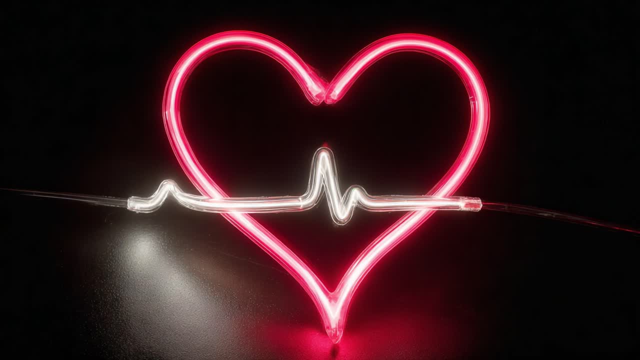 A captivating depiction of a glowing heart shape intertwined with an electrocardiogram line, symbolizing love and life, illuminated in vibrant neon colors against a dark background