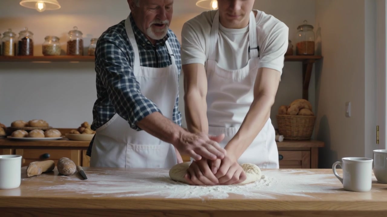 Gesturing senior guiding younger apprentice kneading dough at counter in bakery, teaching in aprons