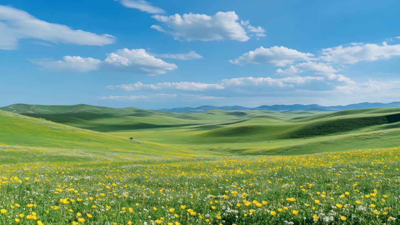A wide-angle video captures rolling green hills under a blue sky, dotted with yellow flowers