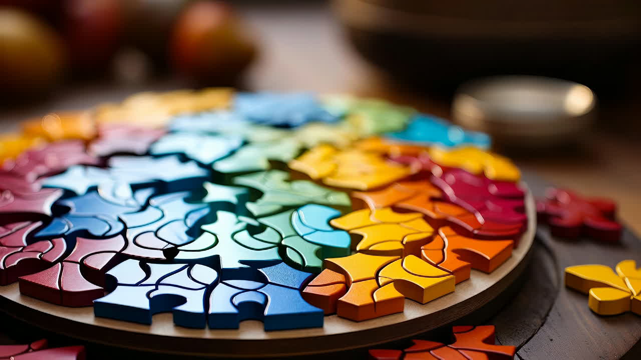 Colorful puzzle pieces on table. Many puzzle pieces are arranged in a circular pattern on a wooden table with some fruits in the background