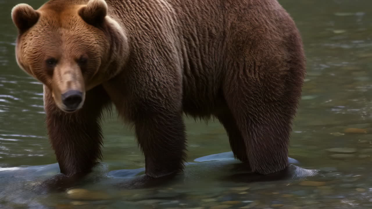 Un maestoso orso grizzly in piedi in un fiume poco profondo