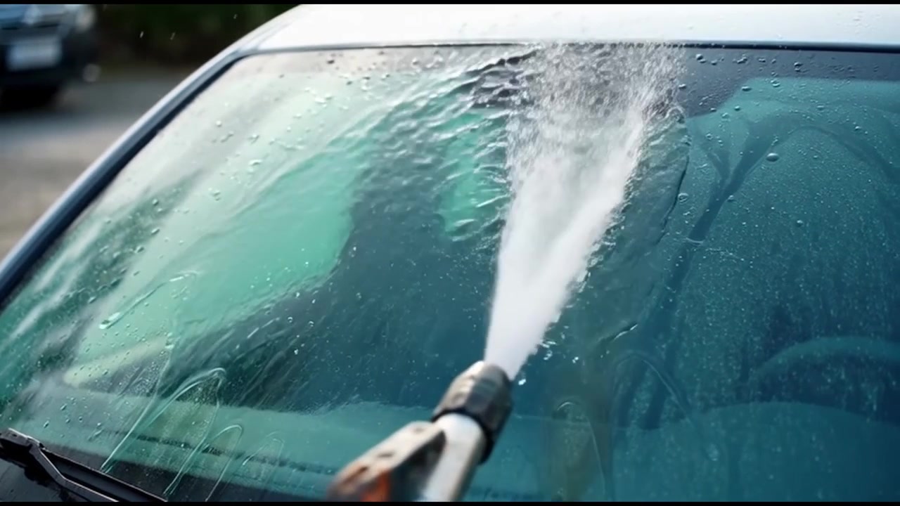 Pulizia del parabrezza dell'auto con getto d'acqua ad alta pressione
