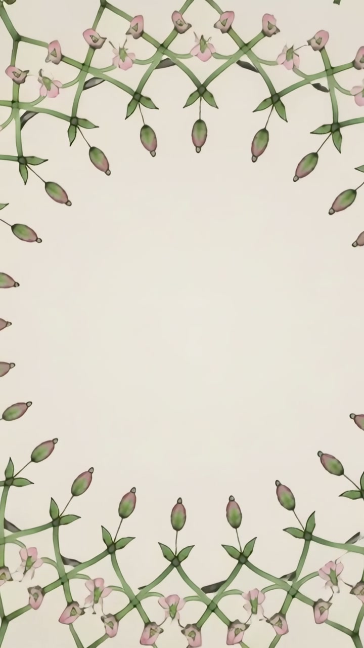 Vertical video: Starting floral border growing with green stems and pink buds, framing cream oval