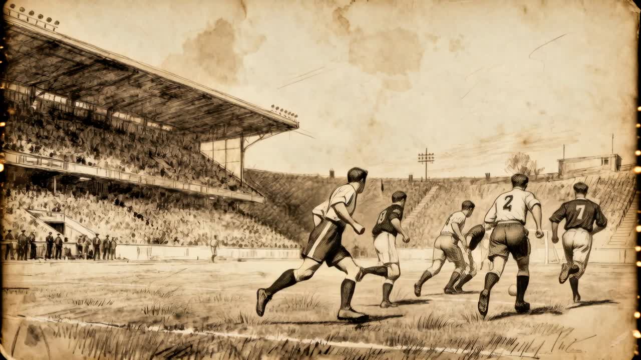 Receiving ball, No7 in period kit advancing on pitch defenders closing stands watching seeking goal