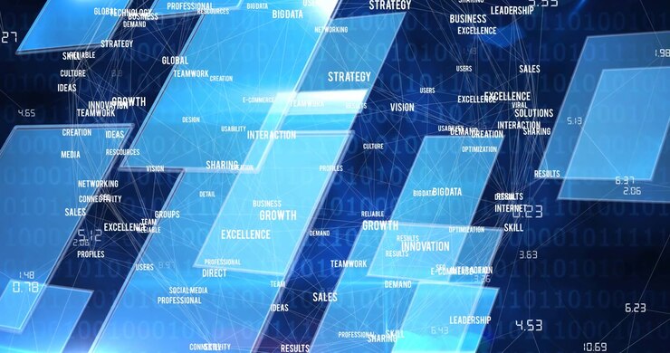 Animation of network of connections with digital words over binary coding in background