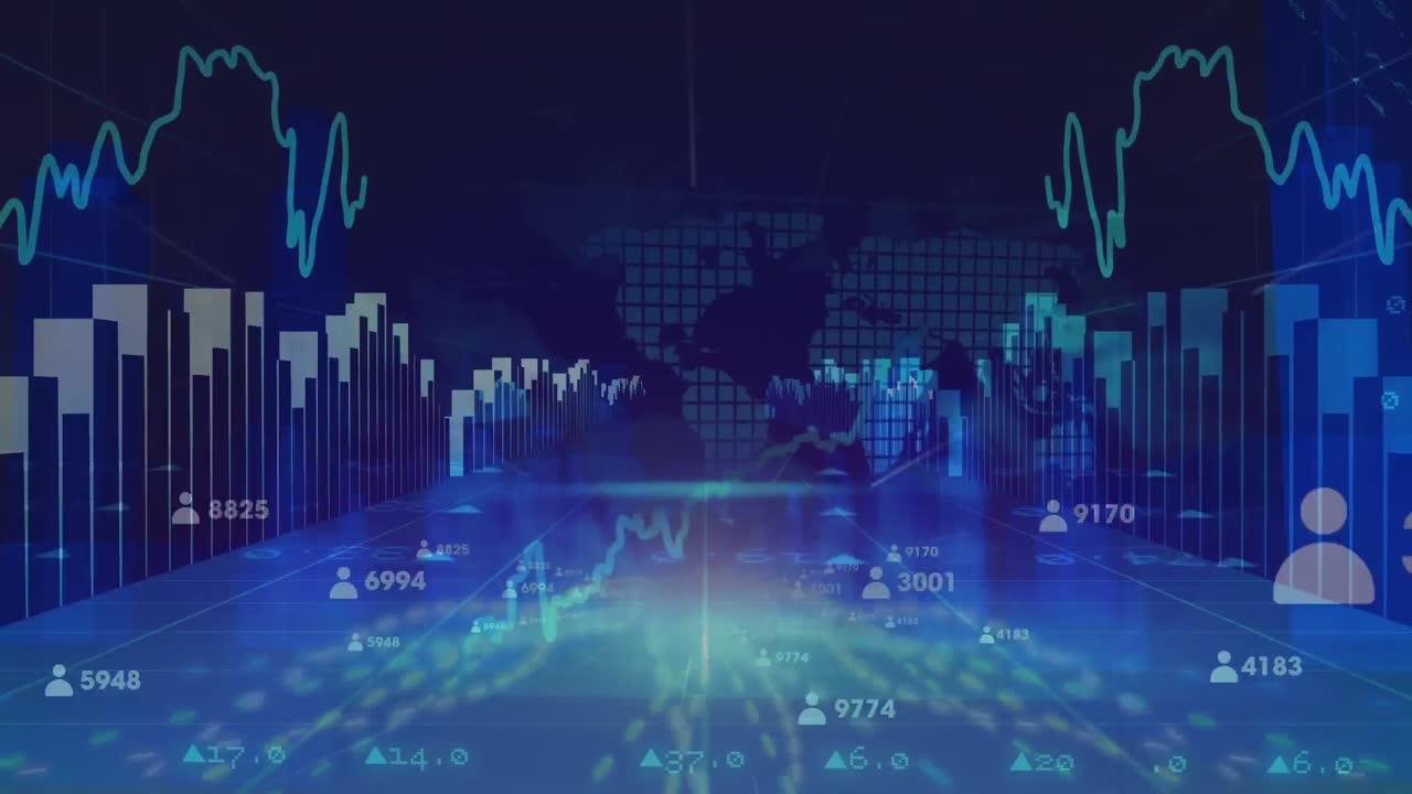 Animation of data processing over world map and digital city