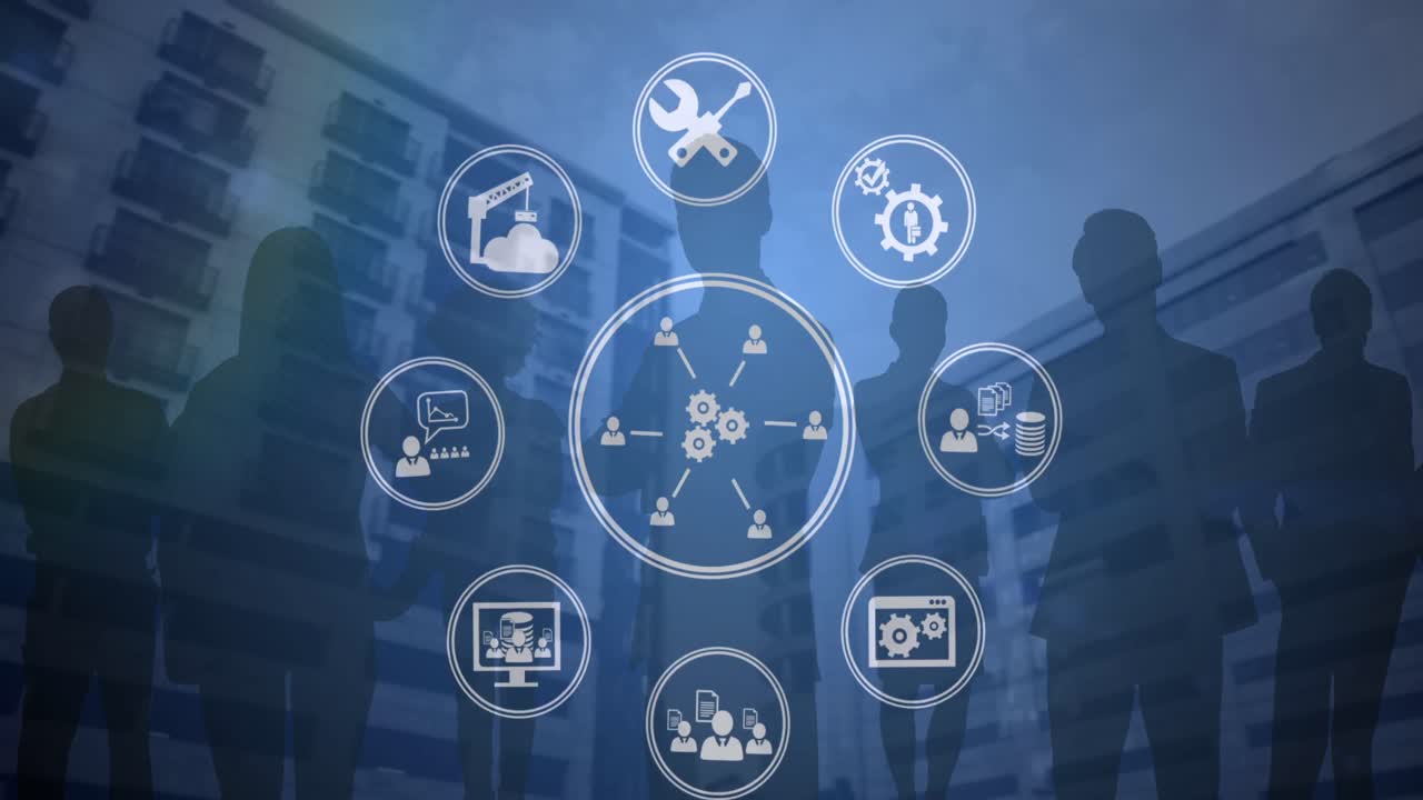 사업가들의 실루 ⁇  위에 디지털 아이콘 네트워크의 애니메이션