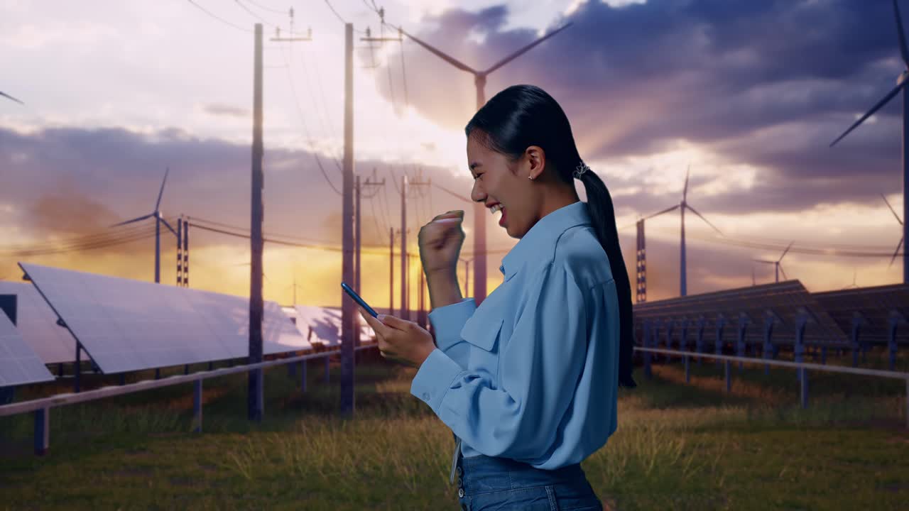 Side View Of Asian Female Professional Worker With Her Smartphone With Solar Panel and Wind Turbines, She Raises Her Fist Up With Screaming Goal After Check On The Smartphone