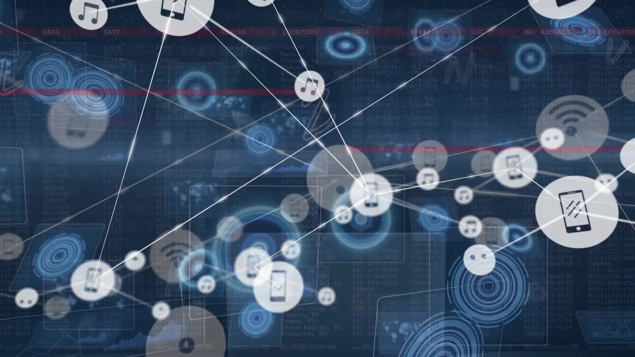 Animation of connected icons, globe, circles, maps, letters on hacker hacking system through laptop