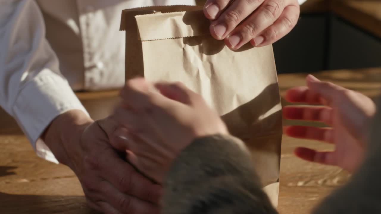 Sealing brown paper bag white shirt server at counter ringed recipient taking bag as purchase