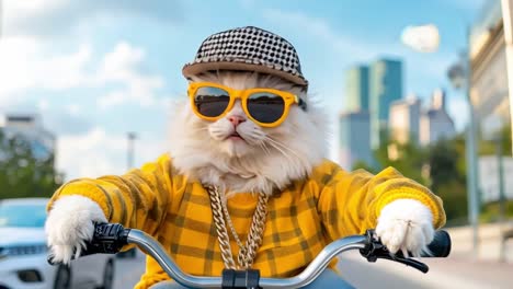 a cat wearing sunglasses and a hat riding a bike