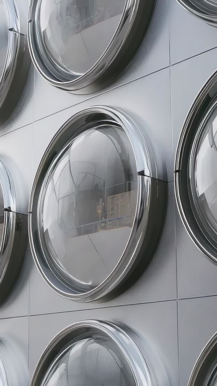 Vertical video: Shifting camera showing column of convex portholes on metal wall, revealing railing