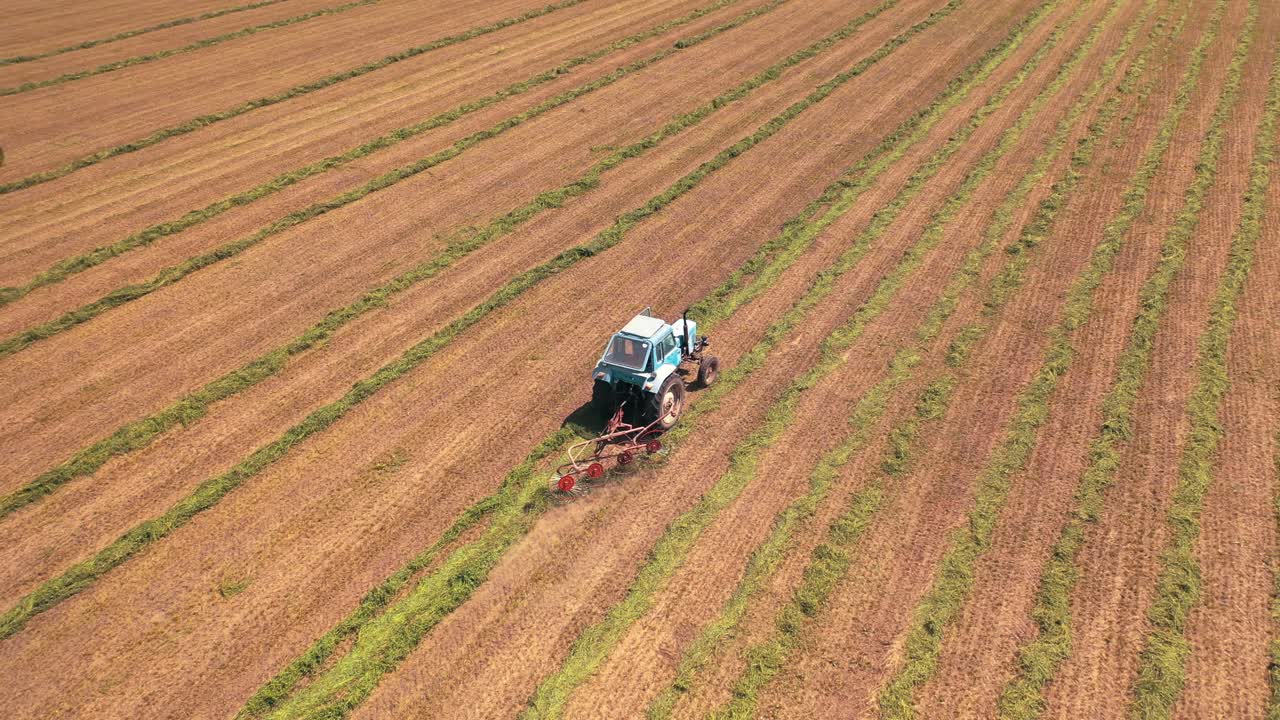 Aerial panoramic view of a huge field with agricultural works. Tractor scatters grass in a sunny summer day. Camera moves bottom up.