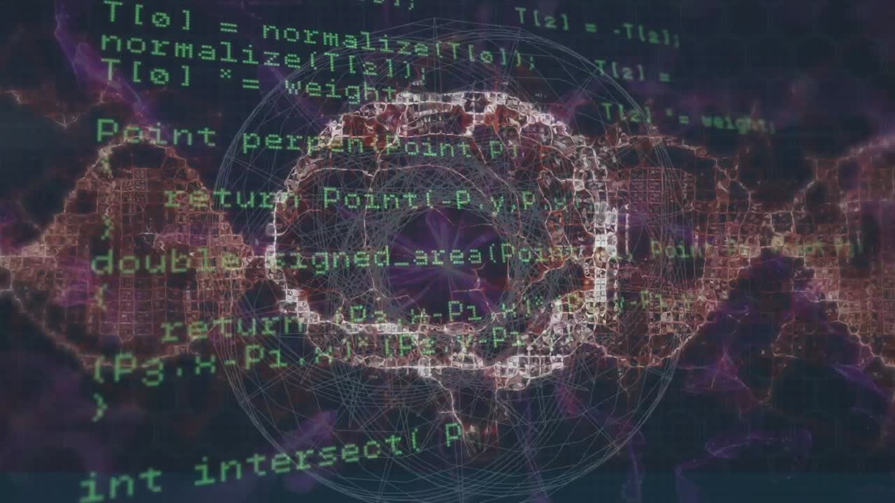 Animation of data processing over spinning human brain icon and purple digital waves