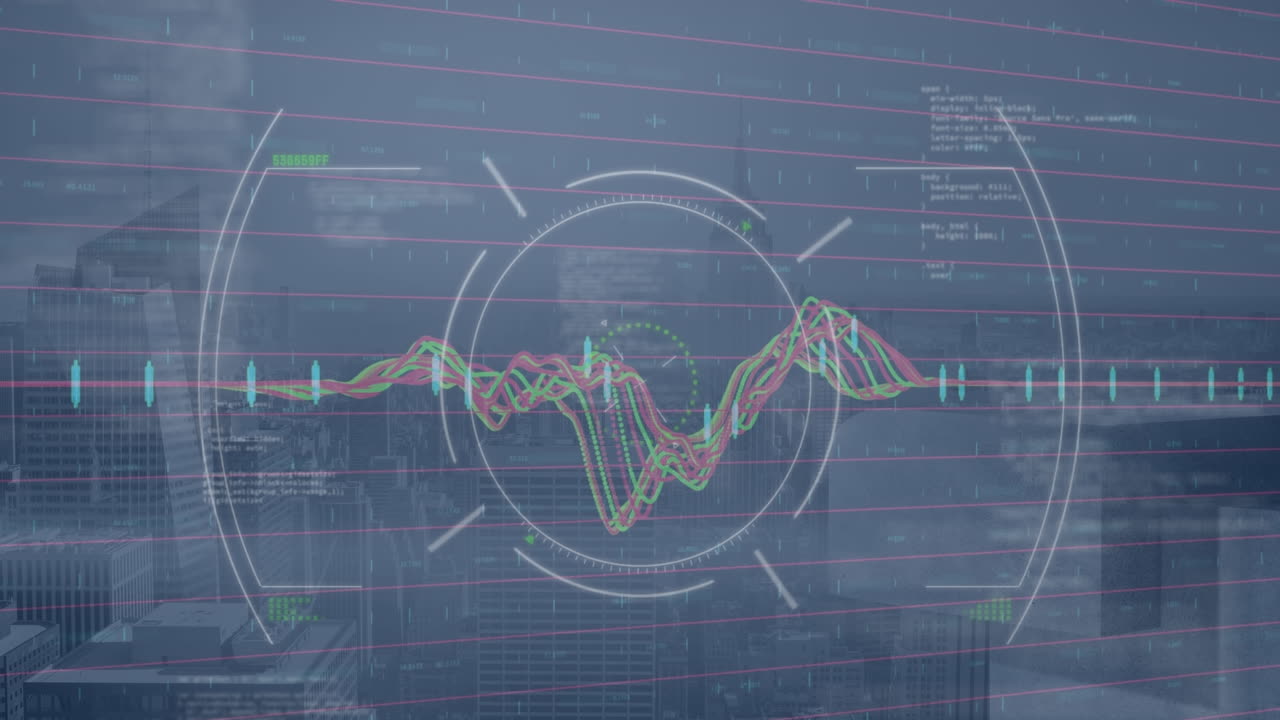 Animation of scope scanning over data processing against aerial view of cityscape