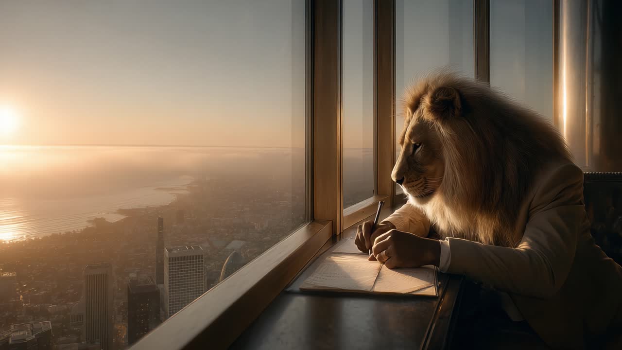 Um leão elegante sentado em um escritório de um arranha-céu, escrevendo cuidadosamente enquanto o sol se põe no horizonte, criando uma atmosfera serena que combina a natureza com a elegância urbana