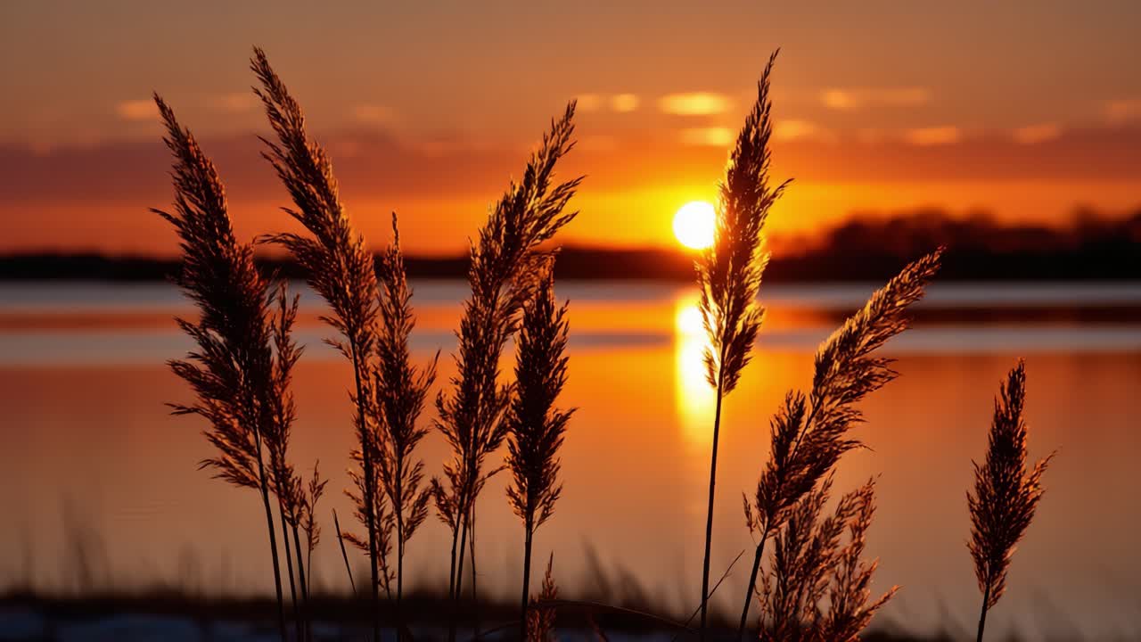 Kiehtova auringonlasku tyynen veden yllä, jossa siluettina erottuvat ruo'ot eloisaa oranssia taivasta vasten, luoden seesteisen luonnonmaiseman.