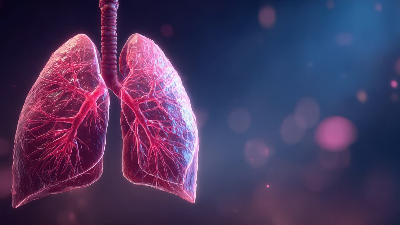 Una visualizzazione complessa di polmoni umani sani, che mette in evidenza la loro struttura vascolare e funzionalità in un delicato sfondo etereo di effetti bokeh colorati