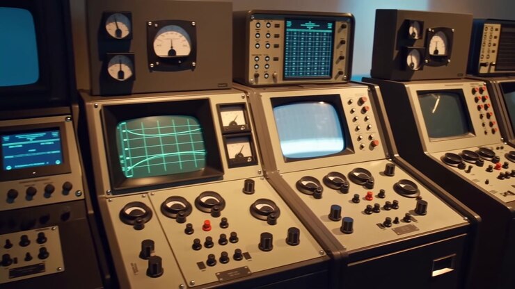 Camera moves across retro control equipment while green traces shift on CRT screens, revealing round meters, rotary controls, small switches, and warm beige instrument housings.