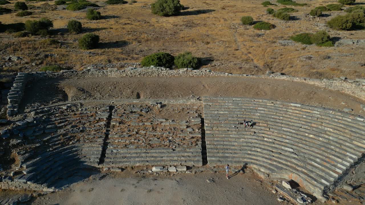 Drone flying over ancient ruins of Thorikos Theatre near Athens, Greece