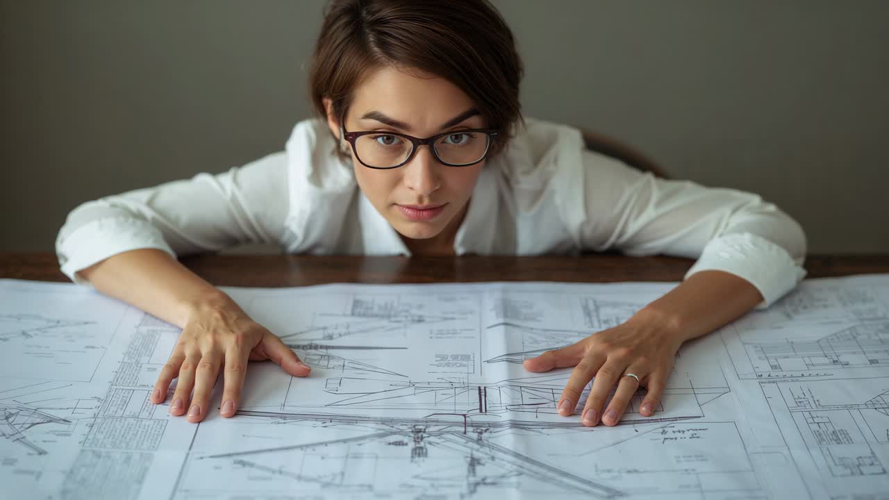 Leaning woman in white shirt and glasses drawing gaze from plans toward camera, studying blueprints