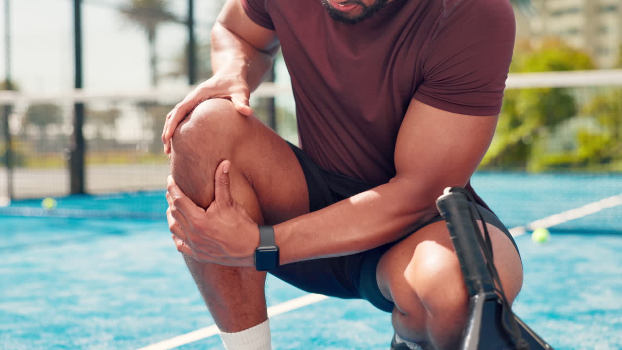 Hombre sufriendo dolor de rodilla en una cancha deportiva