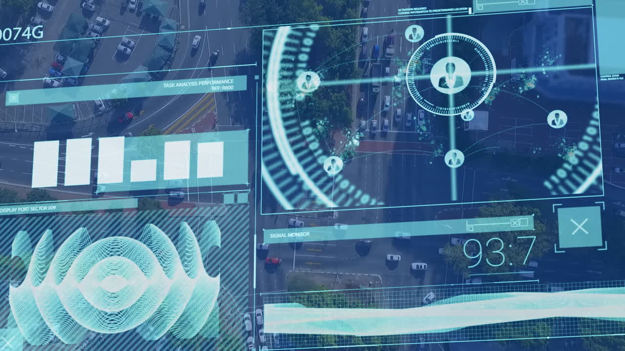 Digital interface with data processing against aerial view of cityscape