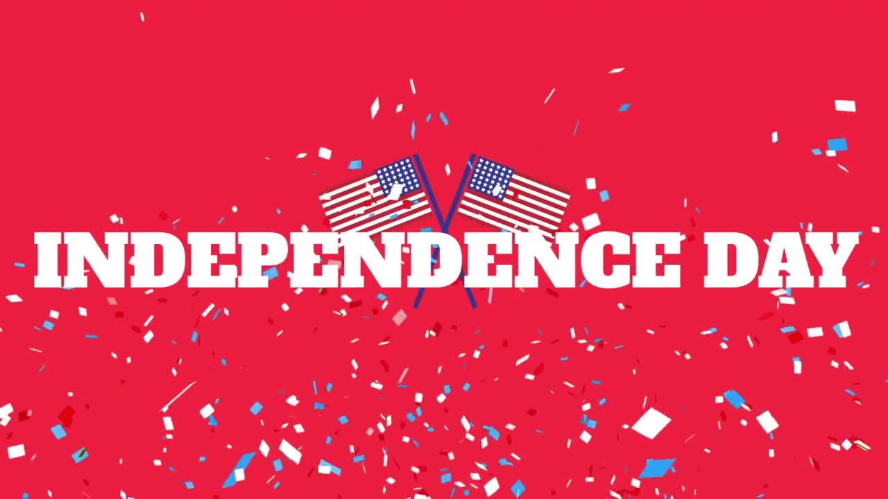 Animation of bursting confetti over flags of america against red background