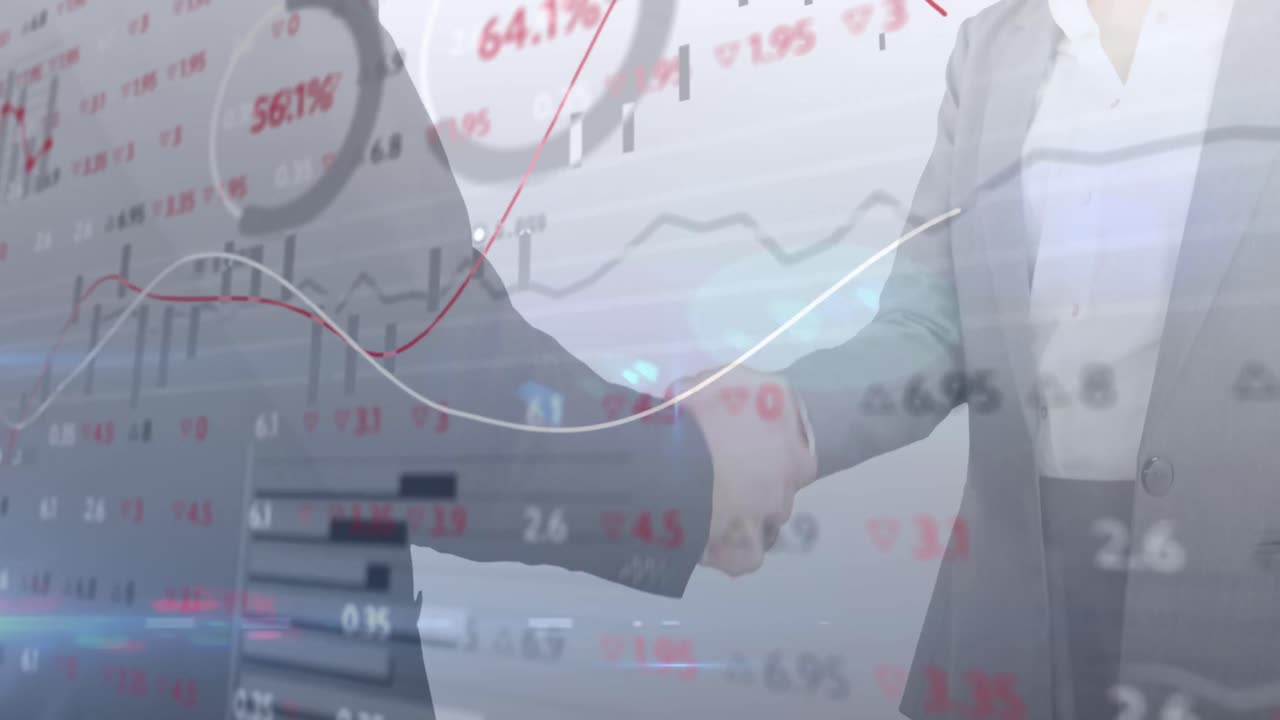 금융 데이터 처리의 애니메이션 사업가들이 손을 흔들고 있습니다.