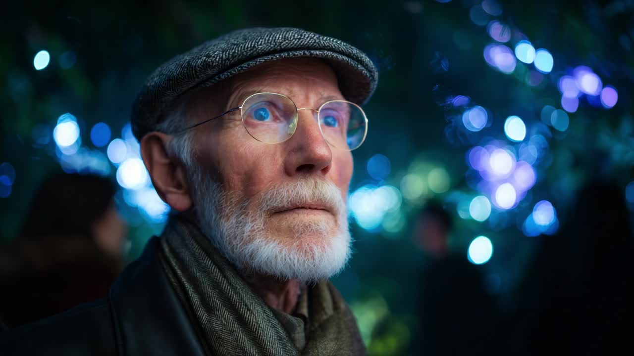 An elderly man gazes thoughtfully into the distance, surrounded by a mesmerizing display of vibrant, colorful lights that create a magical atmosphere, evoking a sense of wonder and nostalgia in the heart of the evening