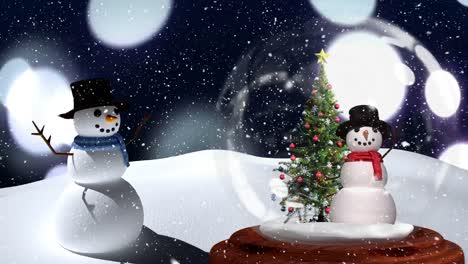 Cute-Christmas-animation-of-snowman-couple-against-bokeh-background-4k