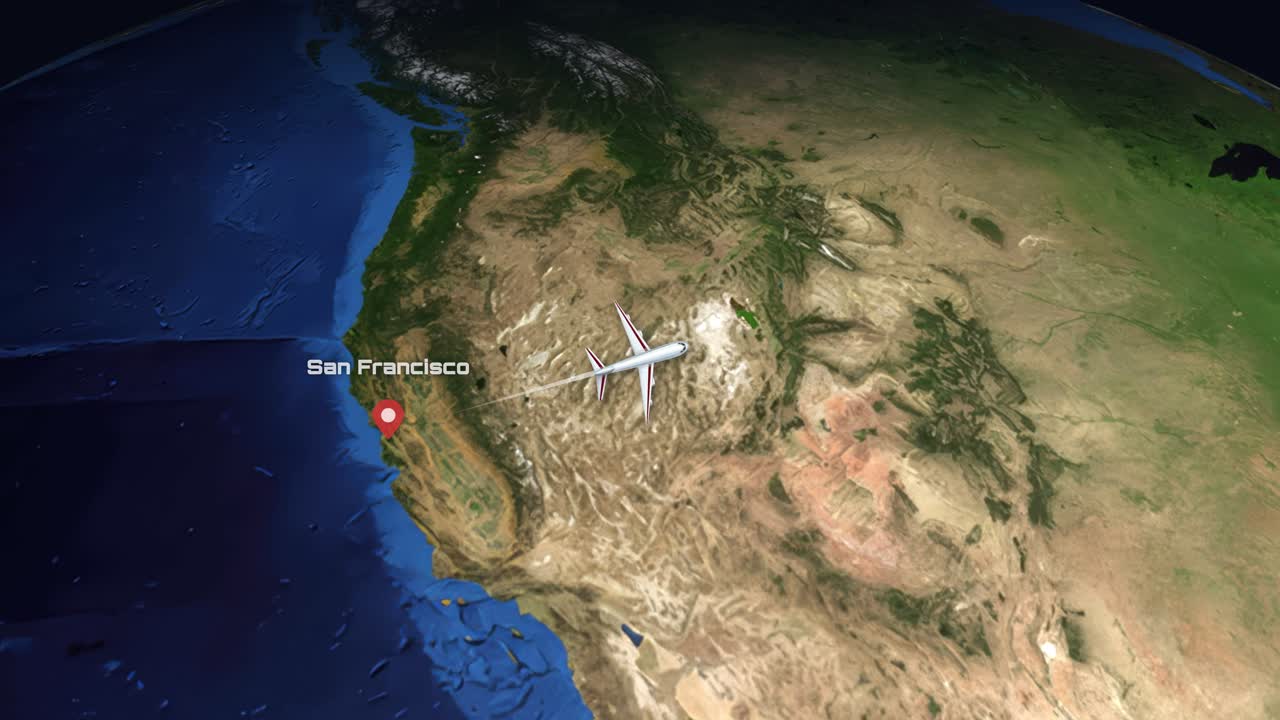 3D globe animation tracks a commercial airplane flying from San Francisco to Toronto Canada