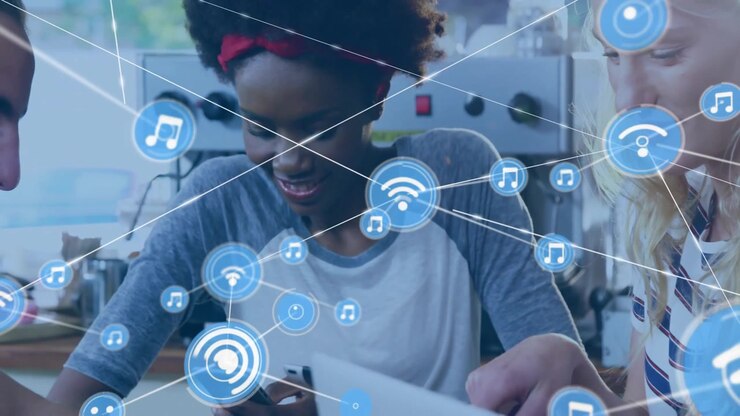 Animation of network of connections with wifi icons over diverse people in cafe
