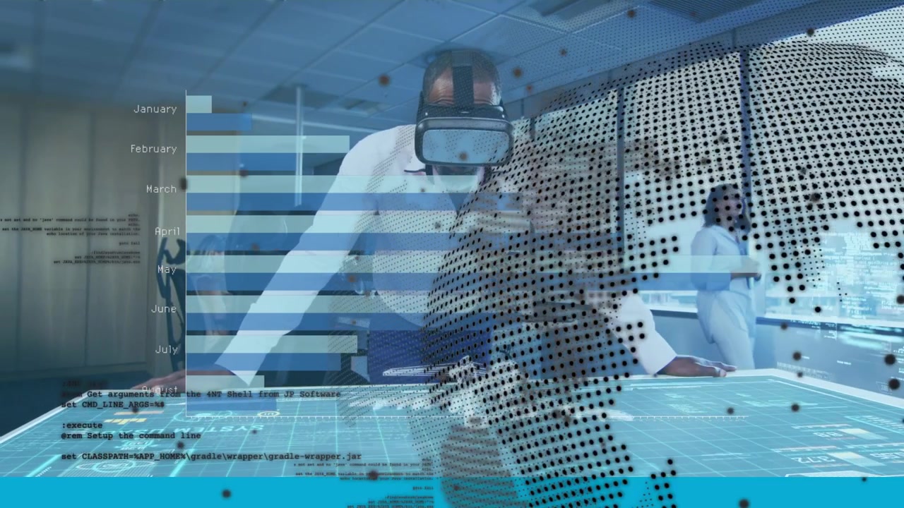 Animation af finansielle grafer og en globus over en afroamerikansk mand i VR-headset på et kontor.