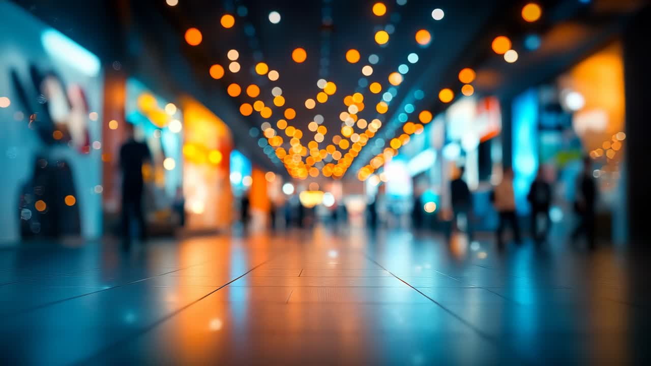 Busy shopping mall with blurred lights. Shoppers walk through a vibrant mall filled with colorful lights and displays, creating a lively atmosphere.